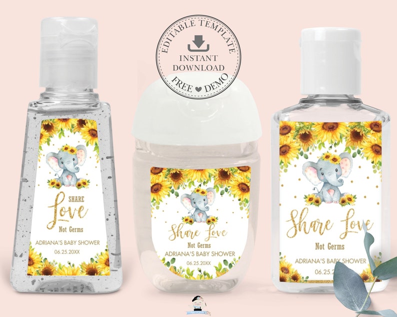 Sunflower Elephant Hand Sanitizer Labels EDITABLE TEMPLATE Etsy Australia