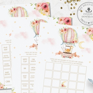 Baby Shower Bingo, DOWNLOAD ISTANTANEO, Pre-riempito, Chic Floreale Mongolfiera Simpatici Animali Baby Shower Attività di gioco, Fai da te PDF stampabile, HB7