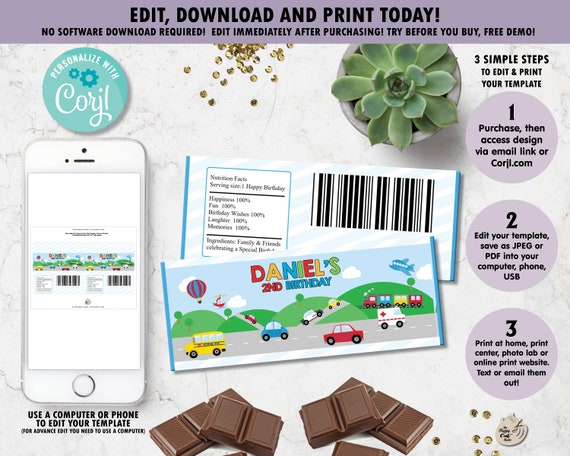 EDITABLE Template, Transportation Birthday Chocolate Bar Wrappers, Hershey Favour Stickers, Labels, Automobile, Car, Plane, Train, Truck TR1 Il_570xn