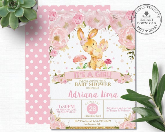 Bunny Baby Shower Invitation, EDITABLE TEMPLATE, Whimsical Baby Girl Invitation, Rabbit Printable, Pink Floral, Pdf INSTANT Download, BR1 Il_570xn