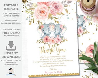 EDITABLE TEMPLATE Elephant Twins Baby Shower Thank You Note Card, Twin Girls, Pink Roses, Chic Floral, Gold, Blush Flowers, Printable, PK2