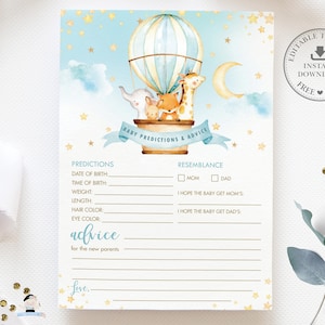 Carte de prédictions et de conseils pour bébé, MODÈLE MODIFIABLE, Moon Stars Hot Air Balloon Animals Baby Shower Game Activity, Diy PDF Printable, HB5