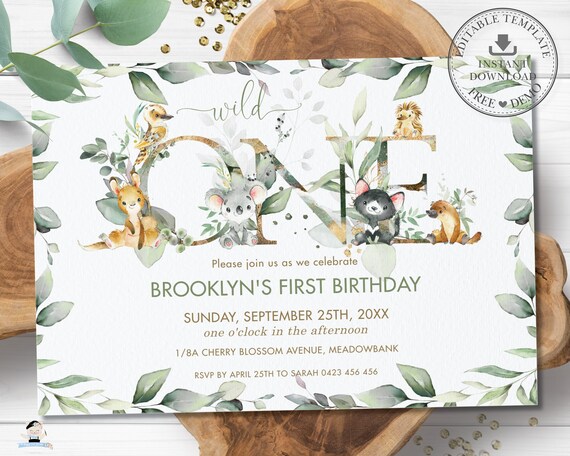 Greenery Australian Animals Wild One Birthday Invitation, EDITABLE TEMPLATE 1st Birthday Invite Gender Neutral Boy Girl Printable Pdf, AU5 Il_570xn