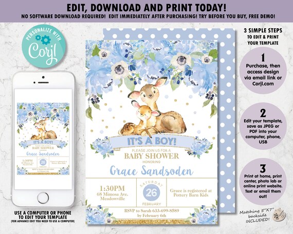 EDITABLE TEMPLATE Deer Baby Shower Invitation, Printable Woodland Animals, Baby Boy, Pastel Blue Floral, It's a Boy, Chic, Glitter Gold, FD2 Il_570xn