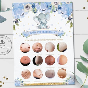 Baby or Beer Belly Game, INSTANT DOWNLOAD, Pregnant Baby Bump Blue Floral Elephant Baby Shower Funny Guessing Activity Diy PDF Printable EP6
