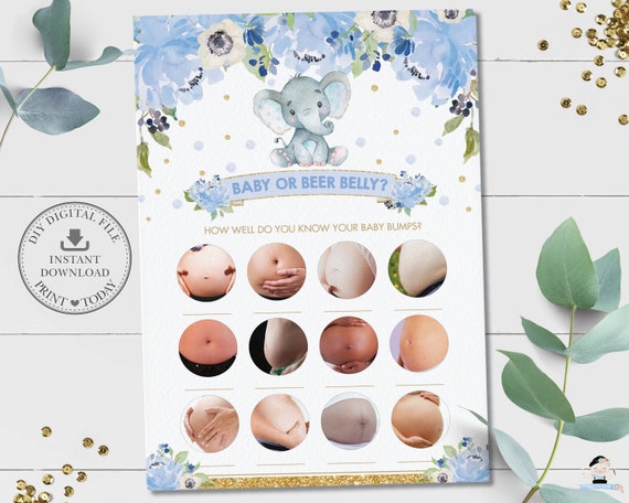 Baby or Beer Belly Game, INSTANT DOWNLOAD, Pregnant Baby Bump Blue Floral Elephant Baby Shower Funny Guessing Activity Diy PDF Printable EP6 Il_570xn