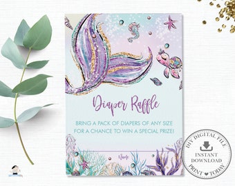 May include: A purple and gold glitter mermaid tail with a seahorse and a turtle on a light blue background. The text "Diaper Raffle" is written in purple. The text "Bring a pack of diapers of any size for a chance to win a special prize!" is written in black. The text "Name" is written in black. The text "DIY Digital File Instant Download Print Today" is written in black.