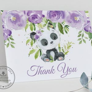 Cartão de agradecimento para barraca dobrada com vegetação floral roxa Panda, DOWNLOAD INSTANTÂNEO, arquivo para impressão de filhote de urso panda fofo, chá de bebê, primeiro aniversário, PA3