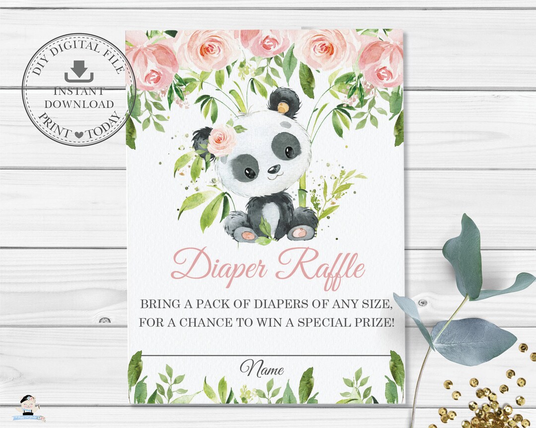Panda Diaper Raffle Card, Chic Cute Panda Bear Pink Floral Greenery ...