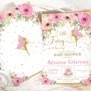 EDITABLE Fairy Baby Shower Invitation Gold Pixie Silhouette Enchanted Pink Blush Peach Floral Flowers Baby Girl Printable Download File FF3