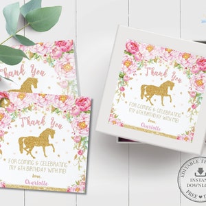 Pferd Danke Tags, EDITIERBARE VORLAGE, Pink Floral Glitter Gold Pony Favor Geschenk Swing Labels Printable, Girl Birthday Party, Pdf File, HR1