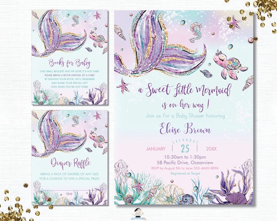 Mermaid Invitation Bundle, Little Mermaid Baby Shower Instant Download, Diaper Raffle Printable, Under the Sea Diy PDF EDITABLE TEMPLATE MT2 Il_570xn