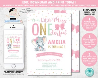 EDITABLE TEMPLATE Little Miss ONEderful Invitation, Elephant 1st Birthday Party, One, First, Pink Gold, Chic, Miss Onederful Printable, MO1