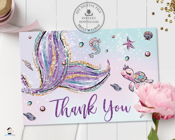 Mermaid Folded Tent Thank You Card, INSTANT DOWNLOAD, Mermaid Tail Under the Sea Printable, Baby Shower Girl 1st Birthday Purple Glitter MT2 Il_570xn