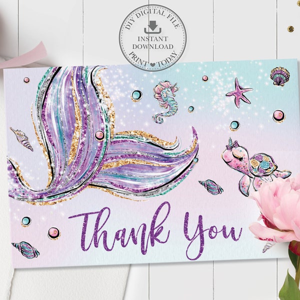 Mermaid Folded Tent Thank You Card, INSTANT DOWNLOAD, Mermaid Tail Under the Sea Printable, Baby Shower Girl 1st Birthday Purple Glitter MT2