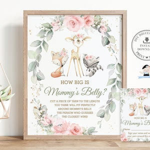 Quão grande é o cartão de sinalização da barriga da mamãe DOWNLOAD INSTANTÂNEO, chique rosa floral floresta animais veado raposa chá de bebê atividade de jogo faça você mesmo para impressão WG10