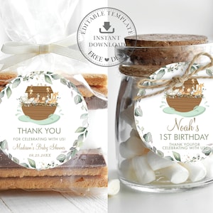 BEWERKBARE SJABLOON Noah's Ark 2" Cirkel Tags, Groen Dieren Dank U Sticker Gunsten Cupcake Afdrukbaar, Neutrale Baby Shower, Verjaardag, NA1