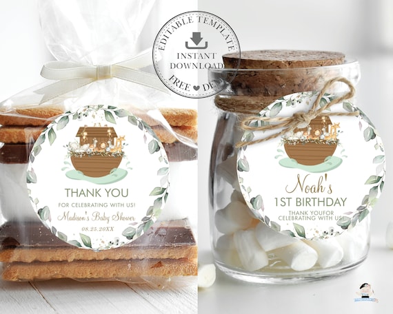 EDITABLE TEMPLATE Noah's Ark 2" Circle Tags, Greenery Animals Thank You Sticker Favors Cupcake Printable, Neutral Baby Shower, Birthday, NA1 Il_570xn