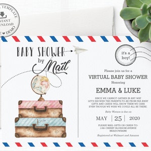 Baby-Dusche per Post Einladung, EDITIERBARE VORLAGE, Postkarte Fern virtuelle Einladung SOFORT druckbar, Abenteuer Koffer Gepäck, PC1