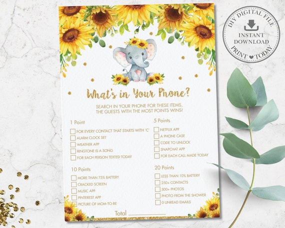 What's in Your Phone Game, INSTANT DOWNLOAD, Rustic Chic Floral Sunflower Elephant Baby Shower Quiz Card Activity, Diy PDF Printable, EP8 Il_570xn