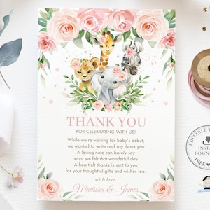 May include: Pink and green thank you card with a watercolour illustration of a giraffe, zebra, lion, and elephant surrounded by pink flowers. The text reads "Thank You for Celebrating with Us!" and includes the names "Madison & James".