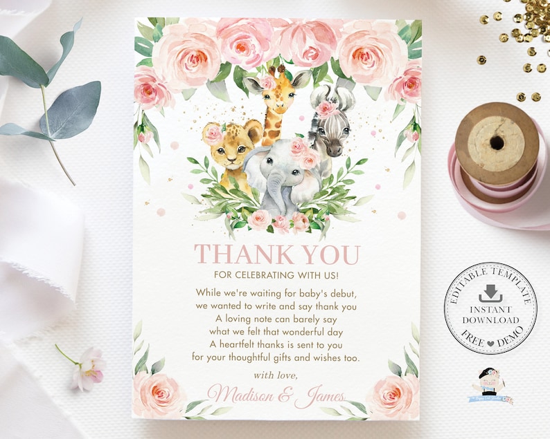 May include: Pink and green thank you card with a watercolour illustration of a giraffe, zebra, lion, and elephant surrounded by pink flowers. The text reads "Thank You for Celebrating with Us!" and includes the names "Madison & James".