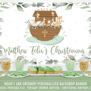 Noah&#39;s Ark Greenery Backdrop Banner, Chic Baptism Gender Neutral Baby Shower Birthday Welcome Sign Decor PDF Digital Printable File, NA1