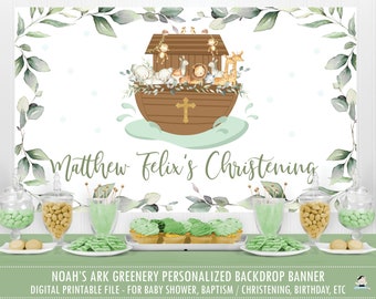 Noah's Ark Greenery Backdrop Banner, Chic Baptism Gender Neutral Baby Shower Birthday Welcome Sign Decor PDF Digital Printable File, NA1