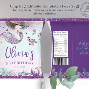 Süße Meerjungfrau Chip Tasche druckbare EDITIERBARE VORLAGE, Chic unter dem Meer Geburtstag Pool Party Baby Shower Label Favors, SOFORTIGER Download, MT2