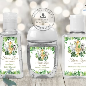 Etykiety do dezynfekcji rąk Greenery Jungle Animals, EDYTOWALNY SZABLON Baby Shower Urodziny Lotion Favors Do Wydrukowania PocketBac NATYCHMIASTOWE POBIERANIE JA7