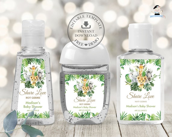 Greenery Jungle Animals Hand Sanitizer Labels, EDITABLE TEMPLATE Baby Shower Birthday Lotion Favors Printable PocketBac INSTANT Download JA7 Il_570xn