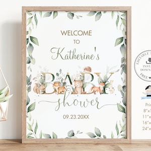 Animali del bosco Baby Shower Segno di benvenuto, MODELLO EDITABILE, Verde salvia morbida Poster Decor Pdf, Genere neutro, Download immediato, WG12