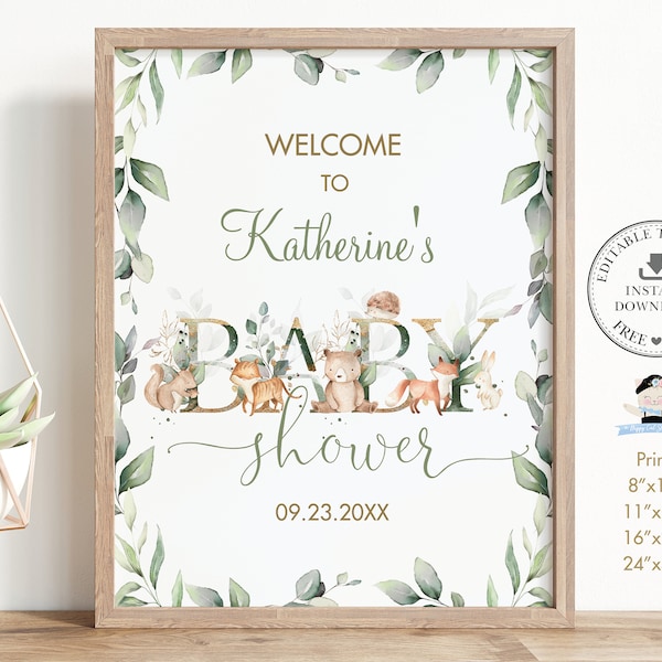 Woodland Animals Baby Shower Welcome Sign, EDITABLE TEMPLATE, Soft Sage Greenery Poster Decor Pdf, Gender Neutral, INSTANT Download, WG12