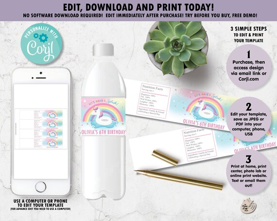 Unicorn Pool Party Water Bottle Labels, Unicorn Pool Birthday Party Favors, Cute Unicorn Printable, Floatie, Digital EDITABLE TEMPLATE, UF1 Il_570xn