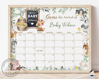 May include: A printable baby shower game with a farmhouse theme. The game is a calendar with the text "Guess the Arrival of Baby Wilson" and a chalkboard with the text "Eloise's Baby Shower".