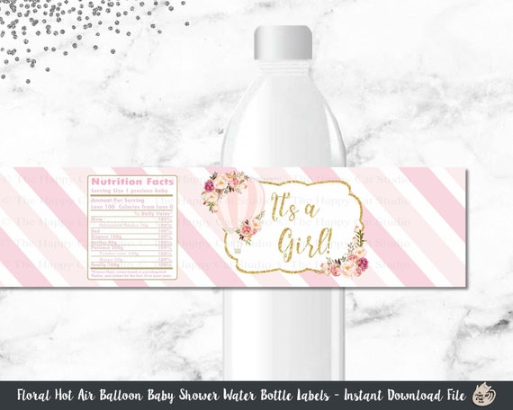Hot Air Balloon Baby Shower Water Bottle Labels, Water Bottle Stickers, Printable, Favor, Flowers, Chic, Pink Roses, INSTANT DOWNLOAD Il_570xn