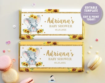 Elephant Chocolate Bar Wrapper, EDITABLE TEMPLATE, Aldi Hersheys Favors, Sunflower Elephant Printable, Baby Shower, Birthday, Baptism, EP8