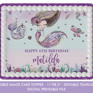 Adorno comestible para tarta de sirena (plantilla editable), archivo imprimible para decoración de baby shower o cumpleaños, descarga instantánea bajo el mar, MT2