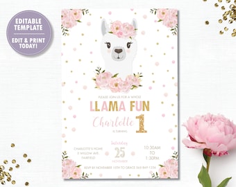 Llama Invitation, EDITABLE TEMPLATE, Instant Download, Llama 1st Birthday Invitation, Alpaca, Blush Pink Floral Gold Glitter, Llama Fun, LM1