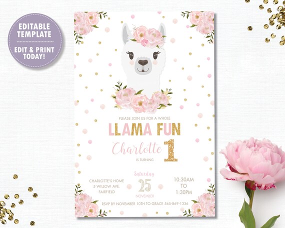 Llama Invitation, EDITABLE TEMPLATE, Instant Download, Llama 1st Birthday Invitation, Alpaca, Blush Pink Floral Gold Glitter, Llama Fun, LM1 Il_570xn