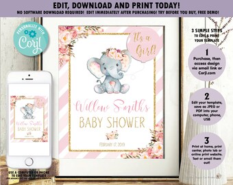 Olifant baby shower welkom teken, poster, tafel decor, afdrukbaar, aquarel, bloemen, babymeisje, roze, INSTANT BEWERKBARE SJABLOON Corjl, EF1