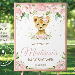 Süßes Löwenjunges Willkommensschild EDITIERBARE VORLAGE, Blush rosa Blumen grün Dschungel-Babyparty Geburtstag Poster Dekoration SOFORT-Download, LN2