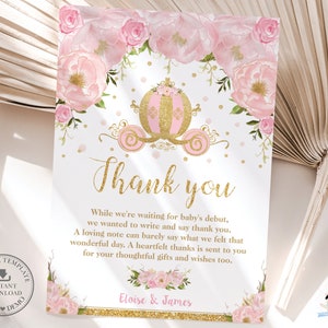 Prinzessin Kutsche Pink Floral Dankeschön-Karte, EDITIERBARE VORLAGE Chic Kürbis Wagen Baby Shower Geburtstag Gold Glitter SOFORTIGER Download PU2