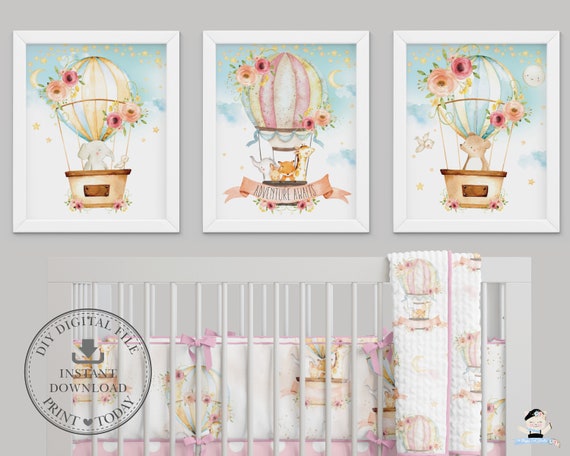 Hot Air Balloon Nursery Wall Art, Cute Animals Printable, Jungle Woodland Animal, Baby Girl, Whimsical Decor, Kids Room INSTANT DOWNLOAD HB5 Il_570xn