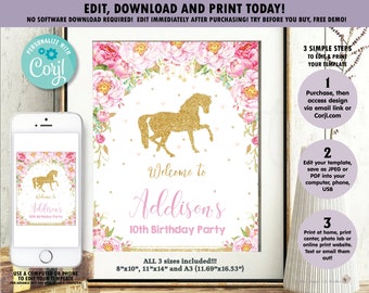 Floral Horse Welcome Sign, Horse Birthday Poster, Horse Printable, Horse Pony Baby Shower Decor, Instant EDITABLE TEMPLATE Corjl, HR1