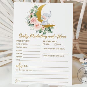 Carte de prédictions et de conseils pour bébé, TÉLÉCHARGEMENT IMMÉDIAT, Éléphant mignon sur la lune floral rose Baby Shower jeu activités fichiers imprimables EP17