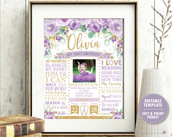 1st Birthday Milestone Sign, EDITABLE TEMPLATE, Purple Floral 1st Birthday Photo Birth Stats Printable, First Year, INSTANT Download, EP9