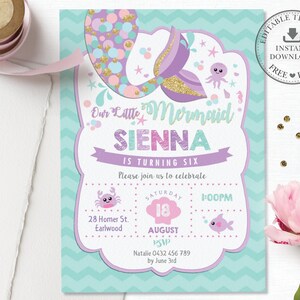 Mermaid Invitation, EDITABLE TEMPLATE, 1st Birthday Party, Under the Sea Printable, Mermaid Tail Gold Turquoise, Pdf INSTANT Download, MT3
