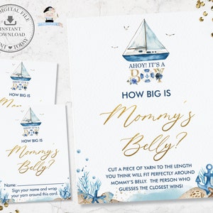 How Big is Mommy’s Belly Sign Card, INSTANT DOWNLOAD Chic Nautical Blue Boat Ahoy C’est un garçon Baby Shower Game Activity Diy PDF Imprimable NT2