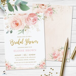 May include: A pink and gold bridal shower invitation with a floral design. The invitation reads "Please join us for a Bridal Shower honoring bride-to-be Eloise Brown, August 25, Sunday at four o'clock in the afternoon, 189 Mimosa Avenue, Avonlea. RSVP by July 31st to Jess 568-8969-4897. Registered at Williams-Sonoma."